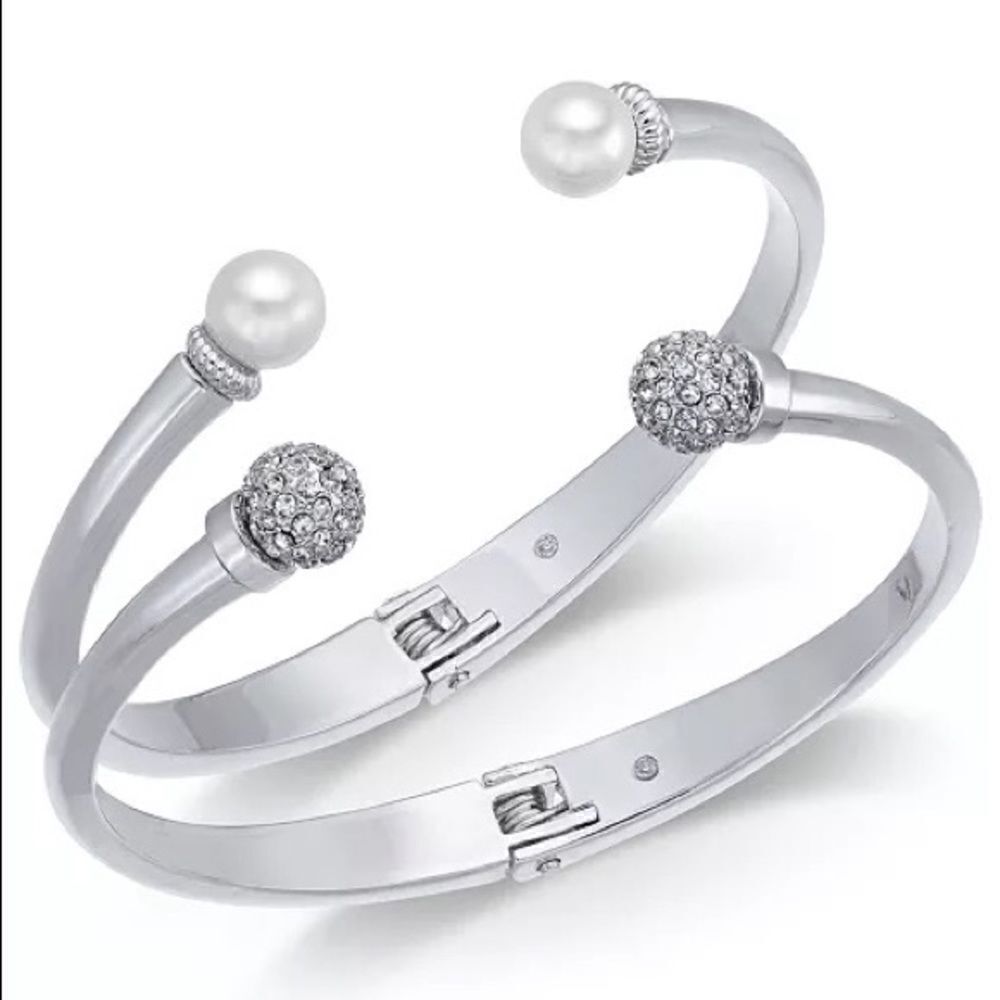 Charter Club 2 Piece Set Pavé Bead & Lavender Imitation Pearl Cuff Bracelets New